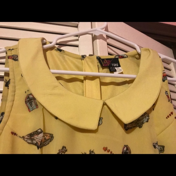 Retro Mod car print UK dress in lemon yellow - Picture 2 of 9